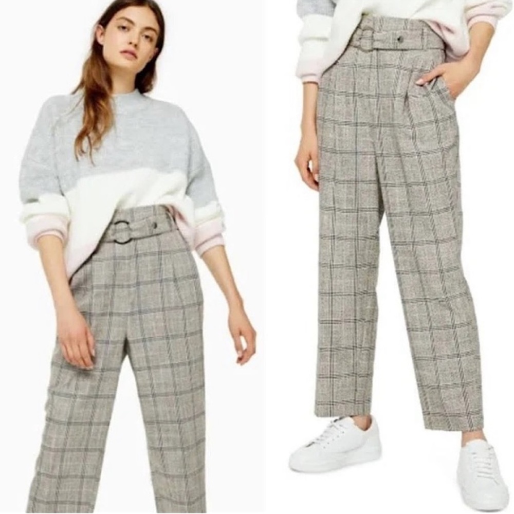 TOPSHOP High Rise Belted Plaid Cropped Trousers
